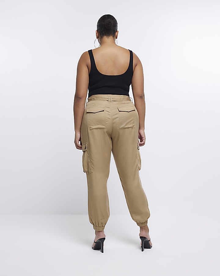 Plus beige belted cargo trousers