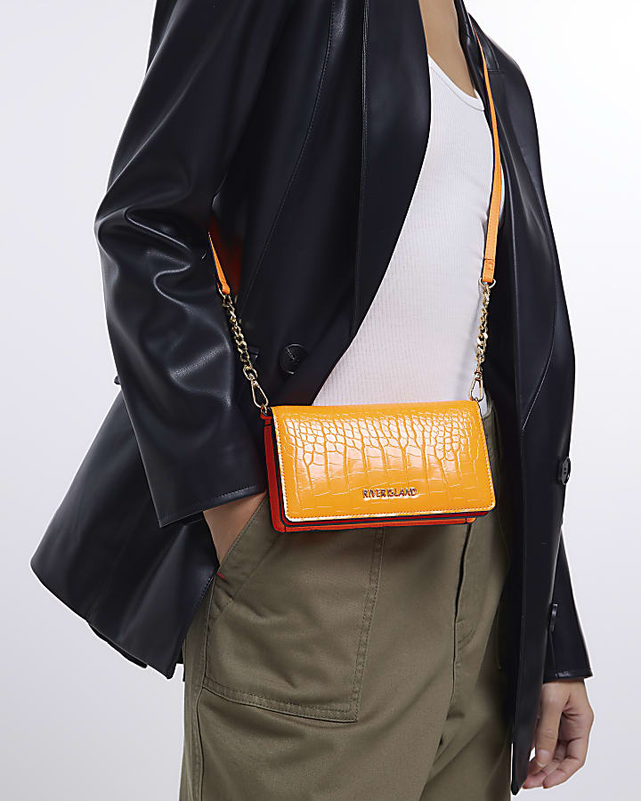 Orange croc embossed cross body purse