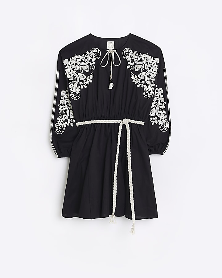 Black embroidered smock mini dress