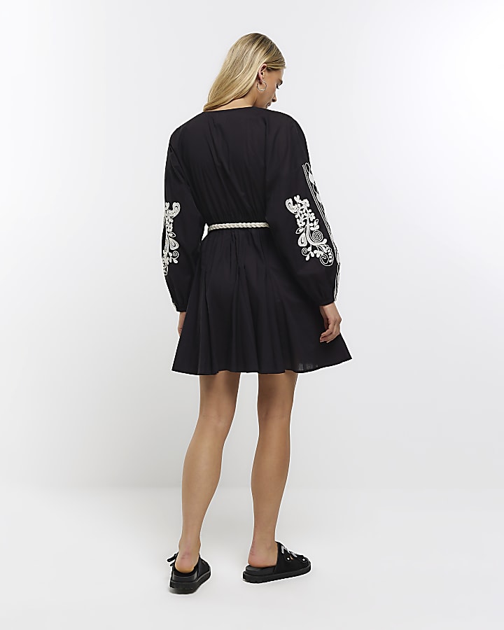 Black embroidered smock mini dress