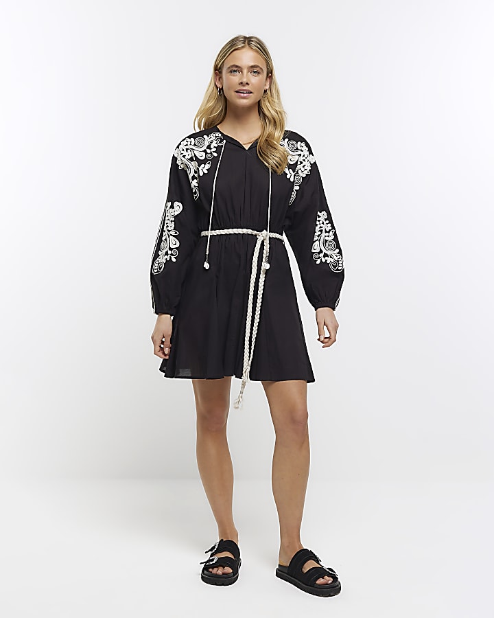 Black embroidered smock mini dress