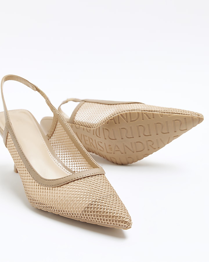 Beige wide fit mesh court heeled shoes