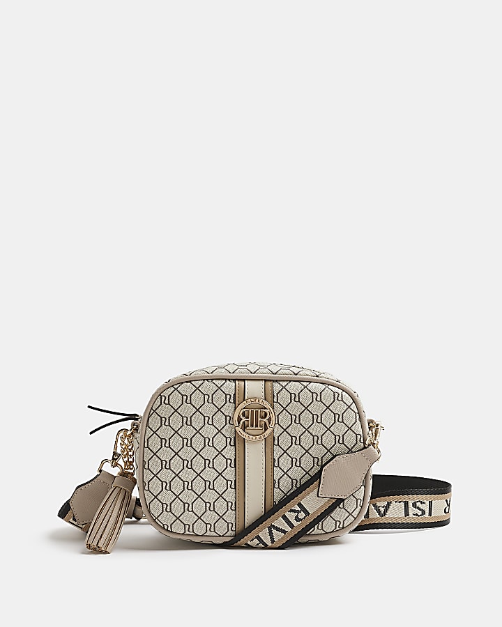 Beige RI monogram print cross body bag River Island