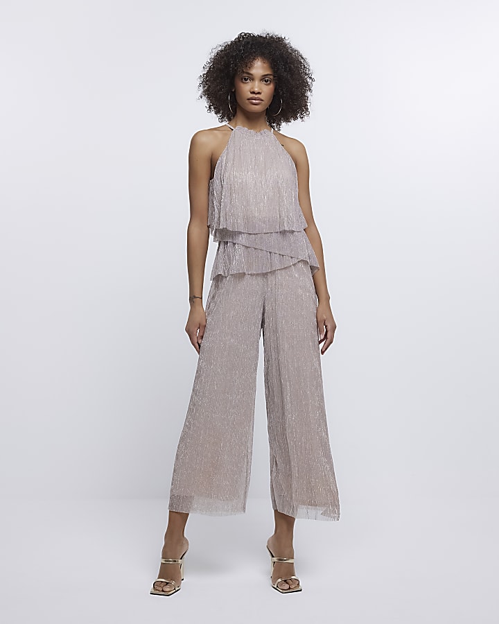 Cream Halter neck frill jumpsuit River Island