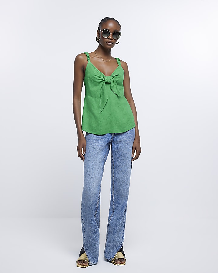 Green linen bow cami top