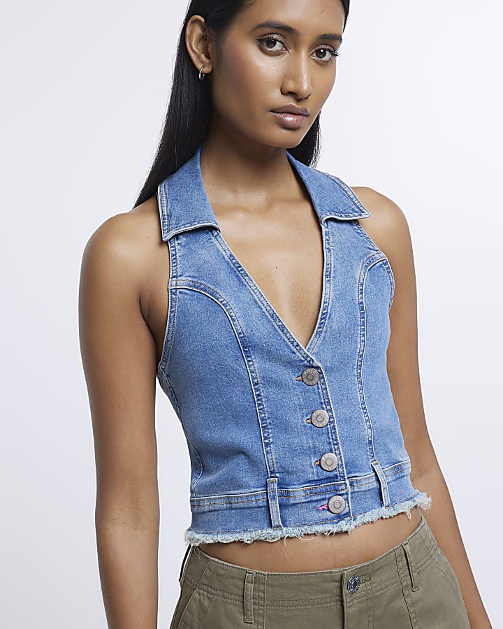 Blue denim frayed hem crop top