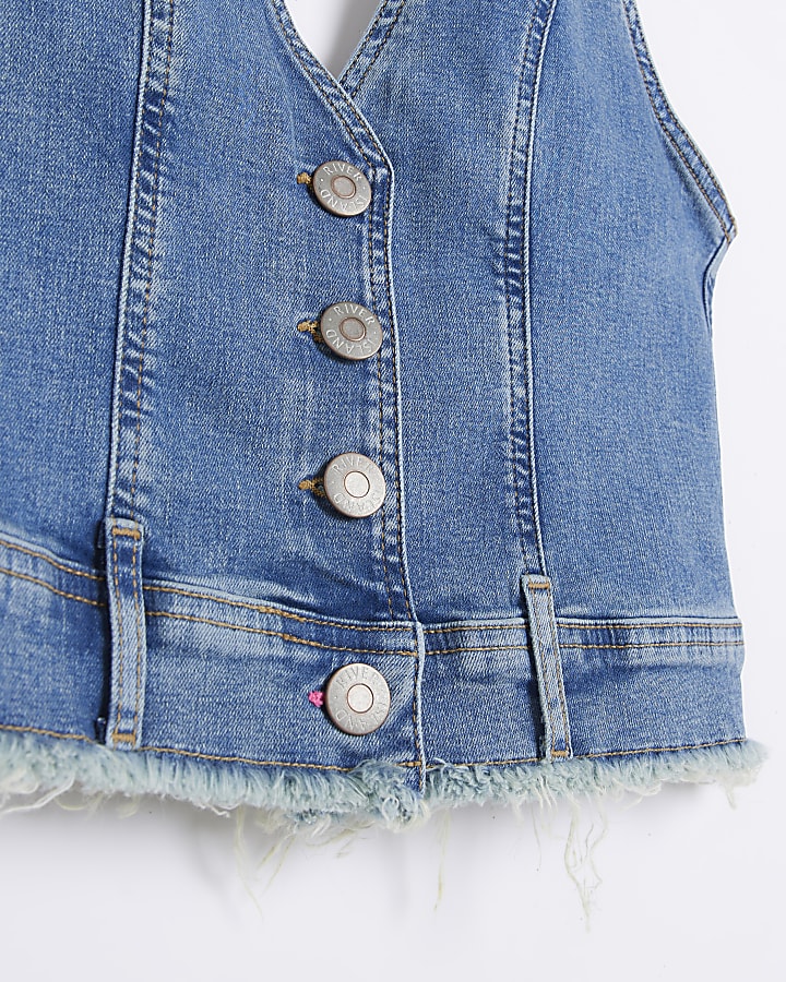 Blue denim frayed hem crop top