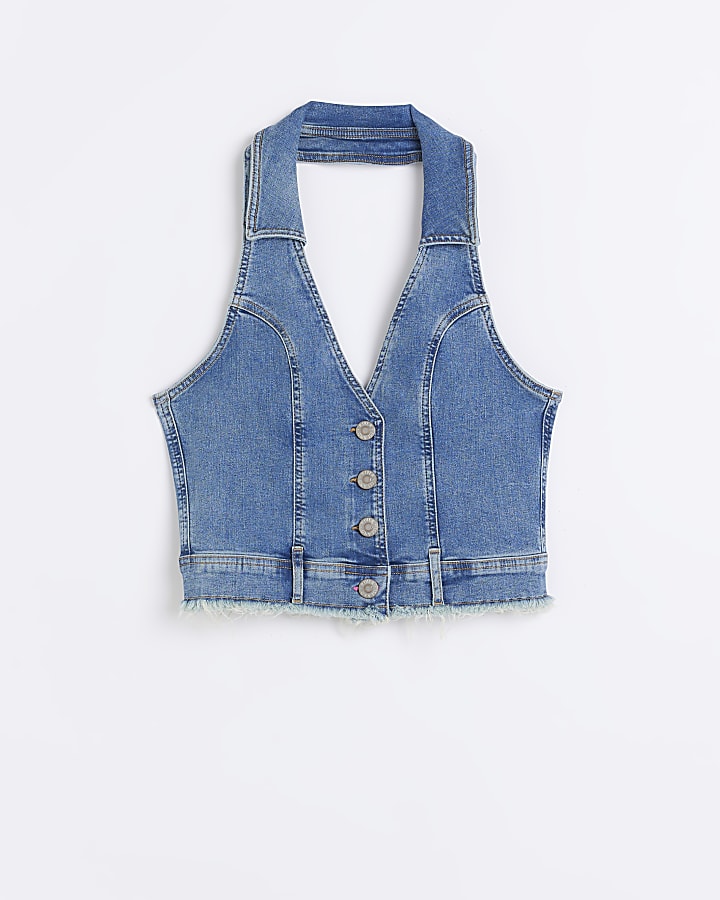 Blue denim frayed hem crop top