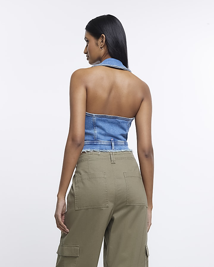 Blue denim frayed hem crop top