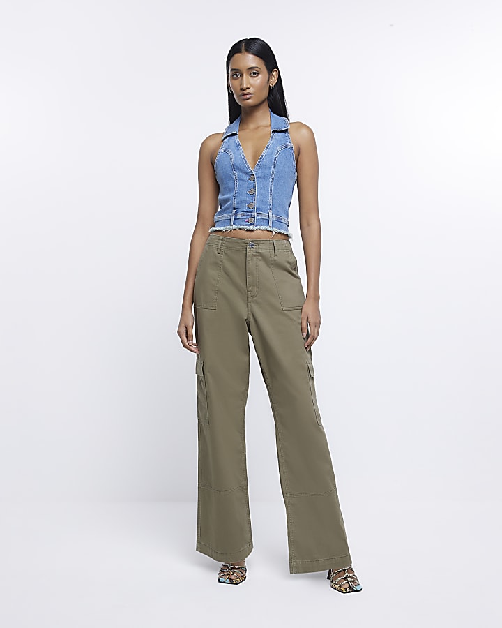 Blue denim frayed hem crop top