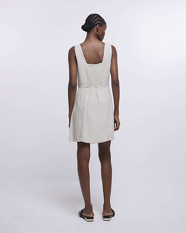 Stone button mini dress with linen