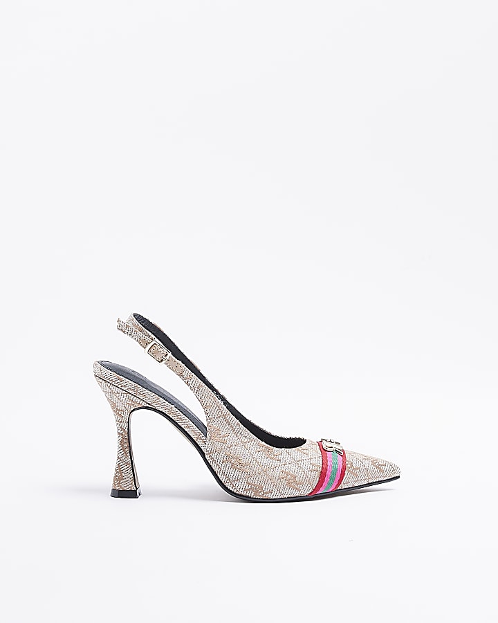 Brown RI monogram jacquard heeled court shoes