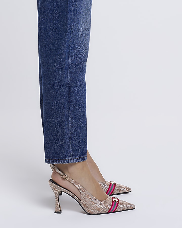 Brown RI monogram jacquard heeled court shoes