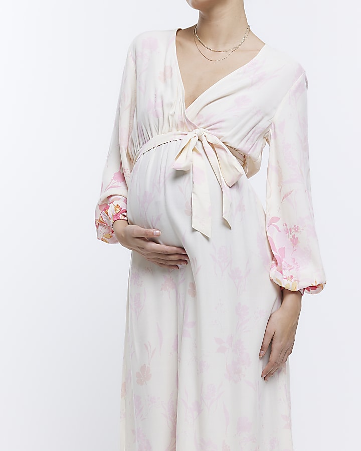 Maternity pink front wrap floral maxi Dress