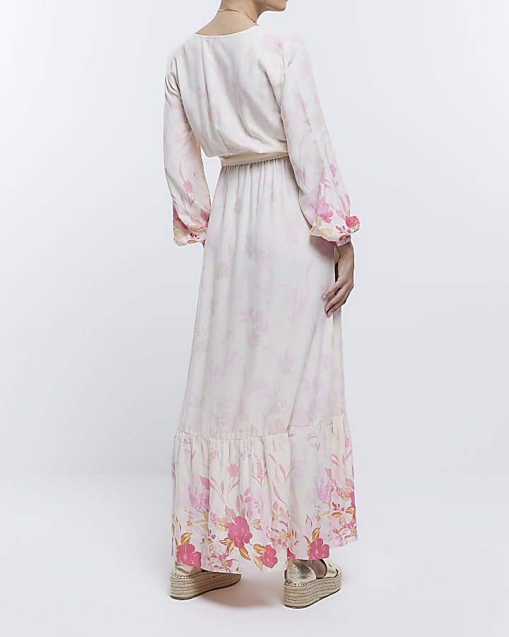 Maternity pink front wrap floral maxi Dress