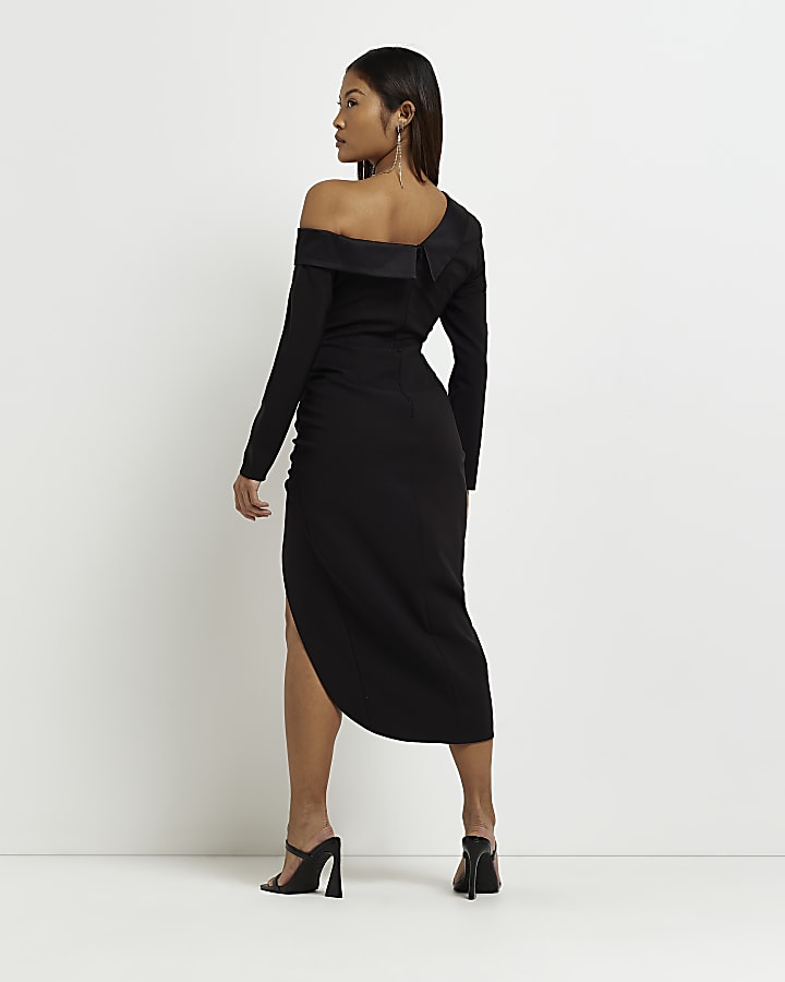 Petite black ruched midi shirt dress