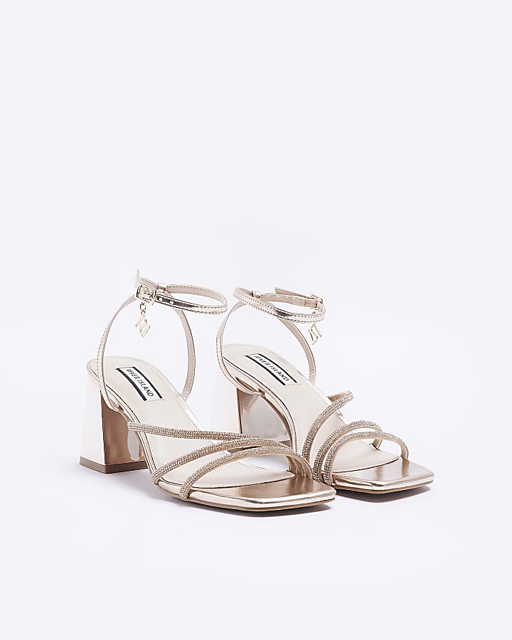 Rose gold strappy block heeled sandals