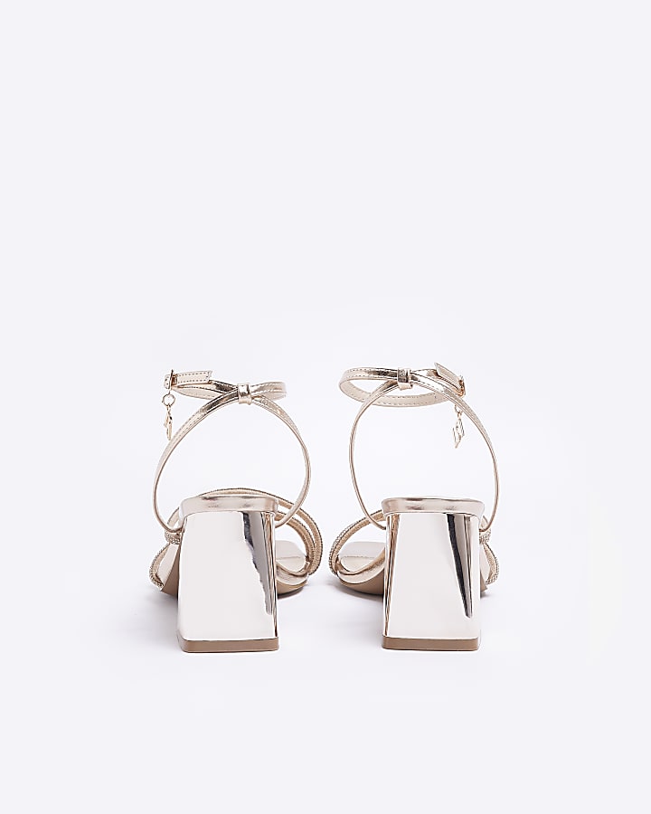 Rose gold strappy block heeled sandals