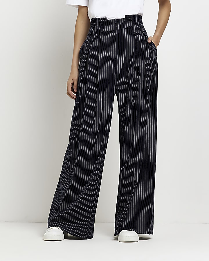 Navy stripe paperbag wide leg trousers