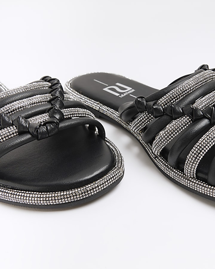 Black Wide Fit Embellished Sliders