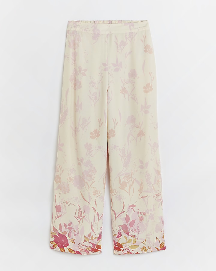 Pink Floral Print Wide Leg Trousers