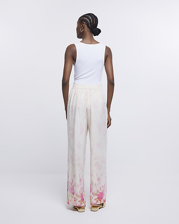 Pink Floral Print Wide Leg Trousers