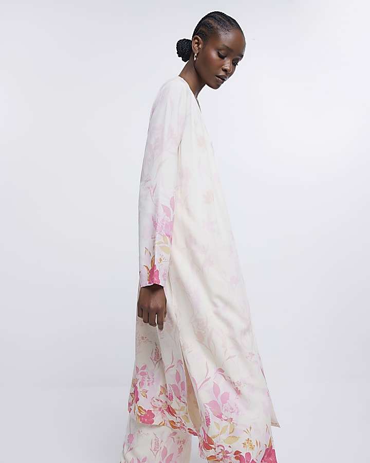 Pink Floral Print Kimono