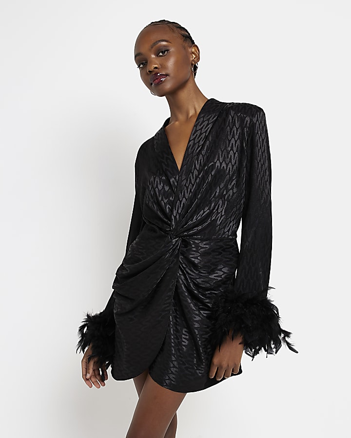 Black satin feather trim wrap mini dress