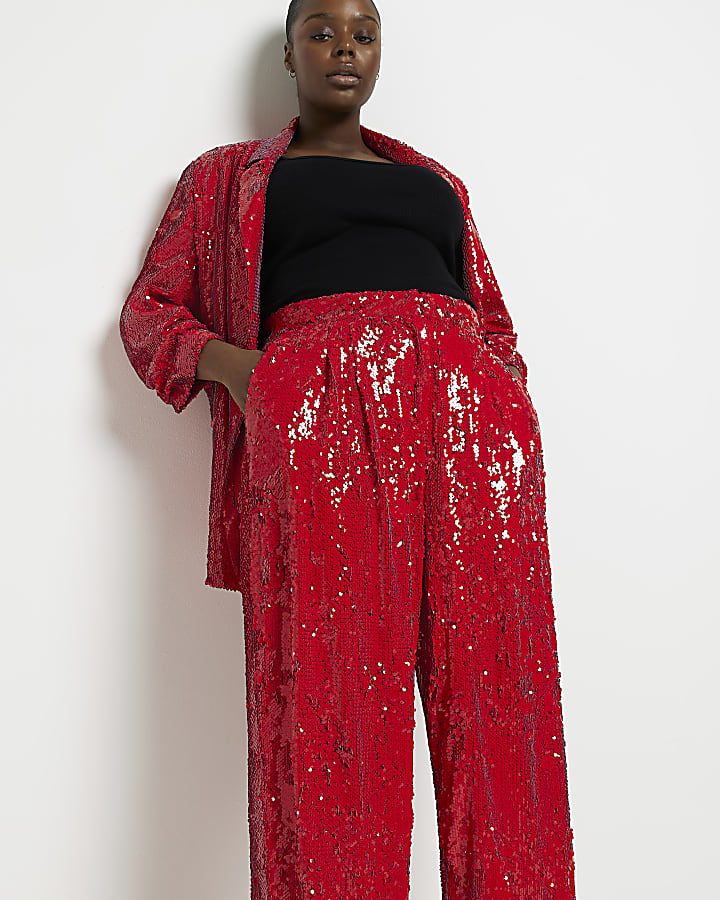 Plus red sequin wide leg trousers