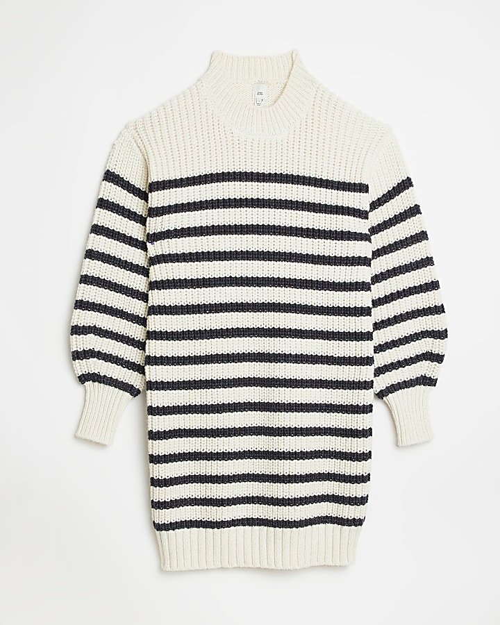 Beige stripe knit jumper mini dress