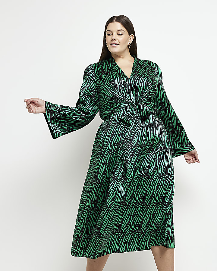 Plus green animal print swing midi dress