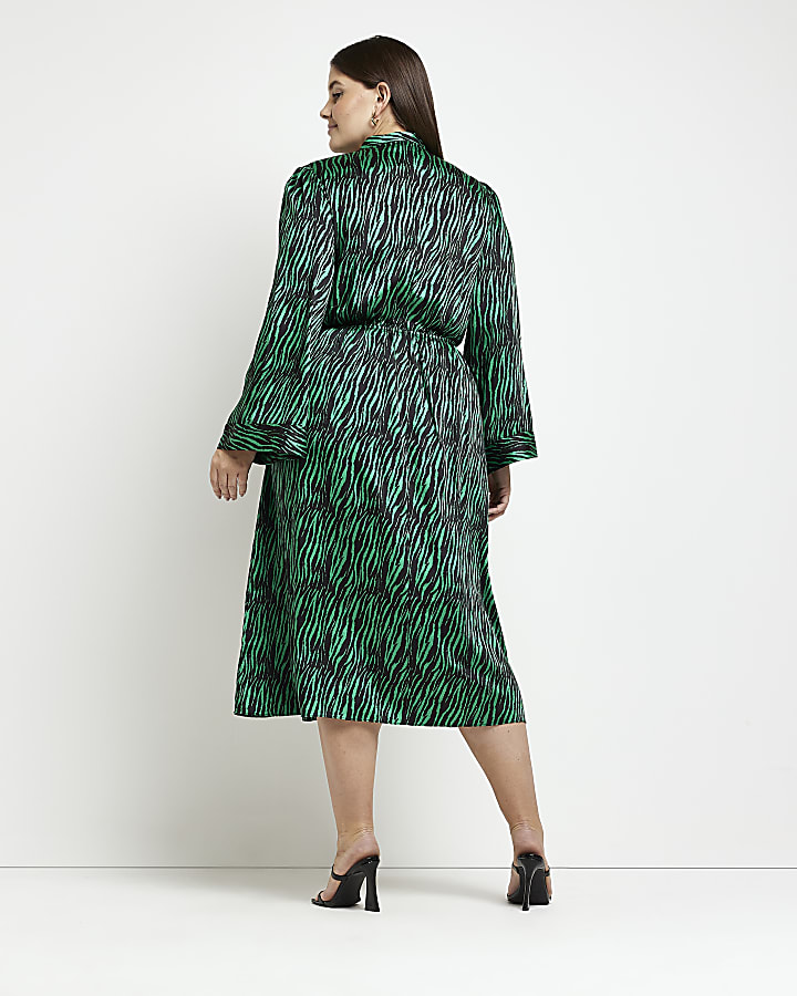 Plus green animal print swing midi dress