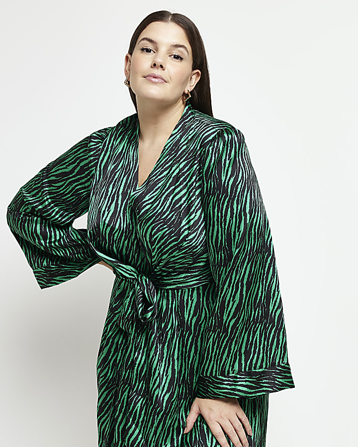 Plus green animal print swing midi dress