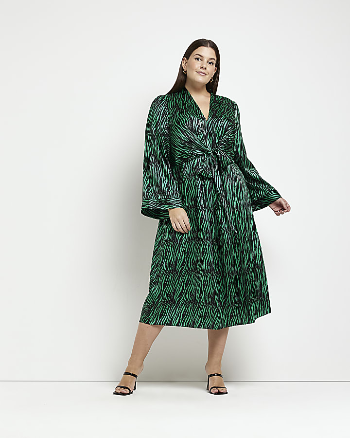 Plus green animal print swing midi dress