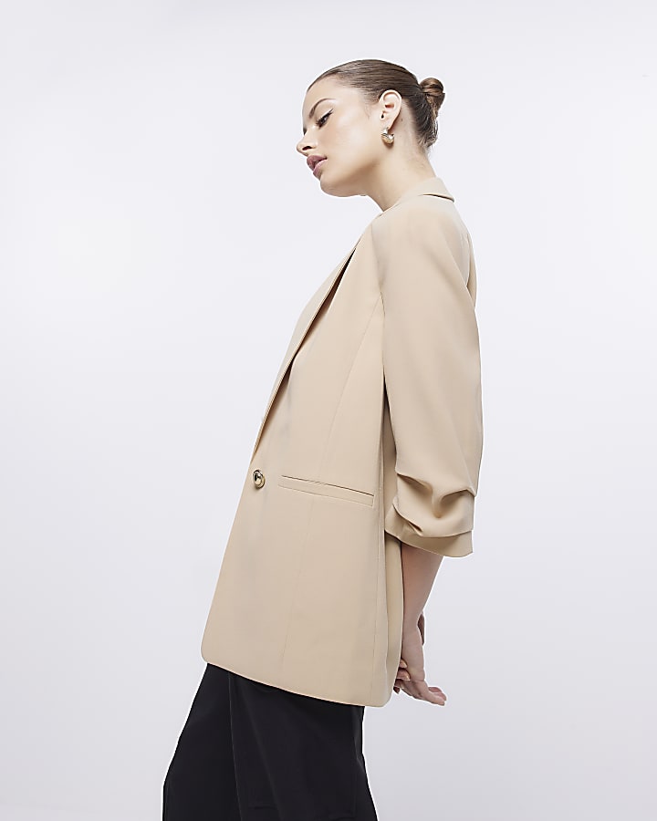 Beige Ruched Sleeve Blazer