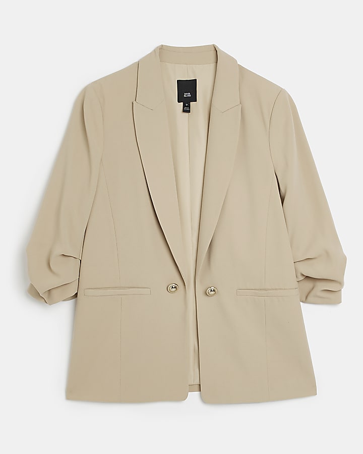 Beige Ruched Sleeve Blazer