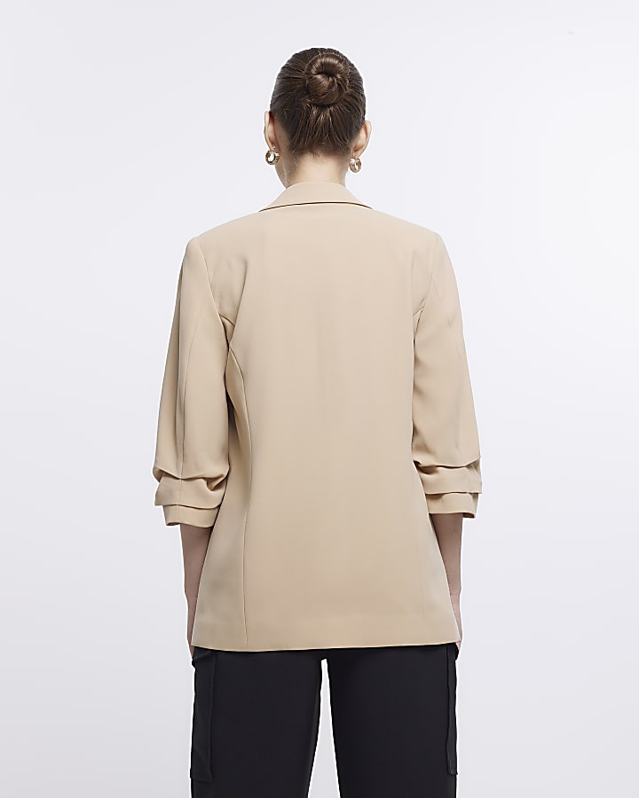 Beige Ruched Sleeve Blazer
