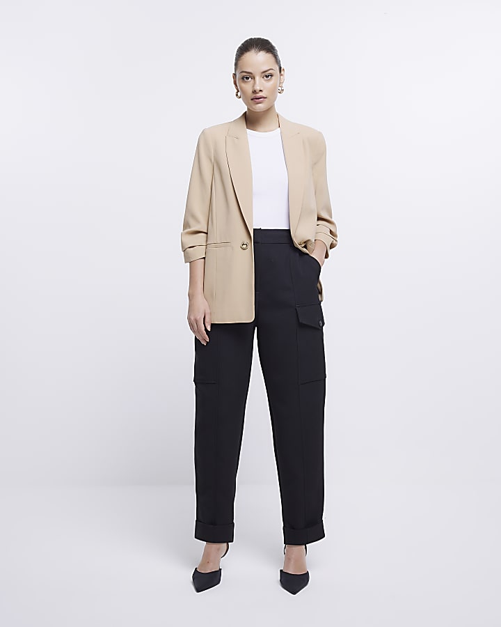 Beige Ruched Sleeve Blazer