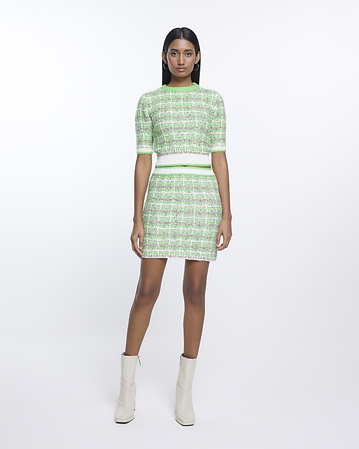 Green check knit mini skirt