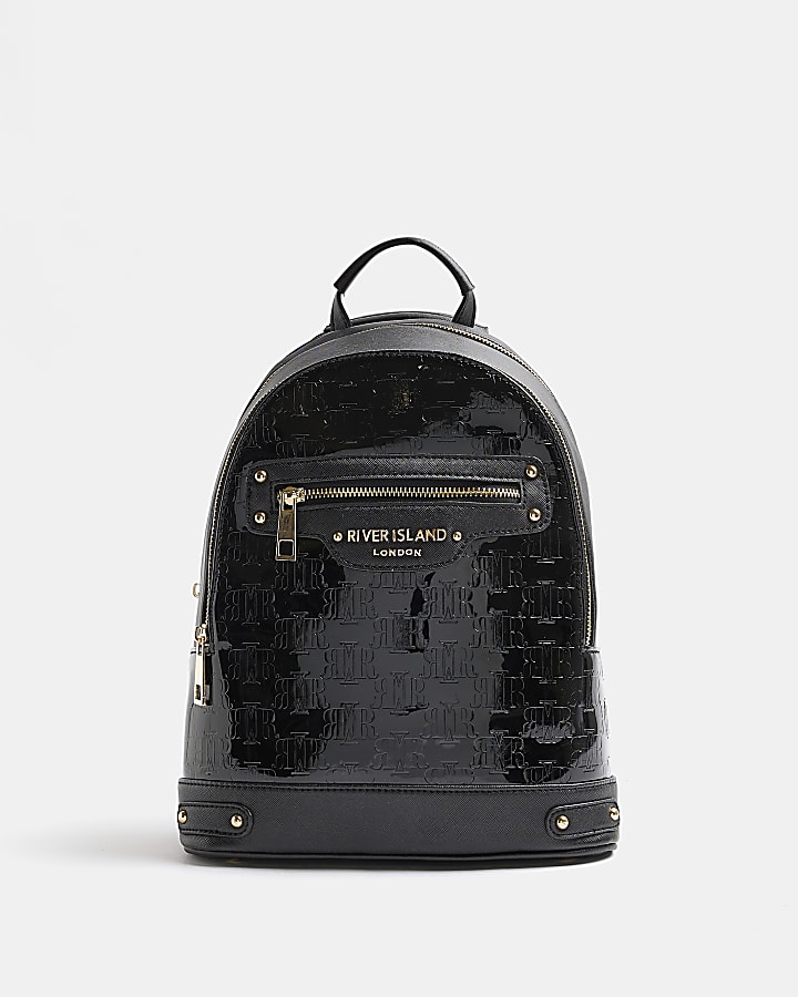 Black RI monogram embossed backpack River Island