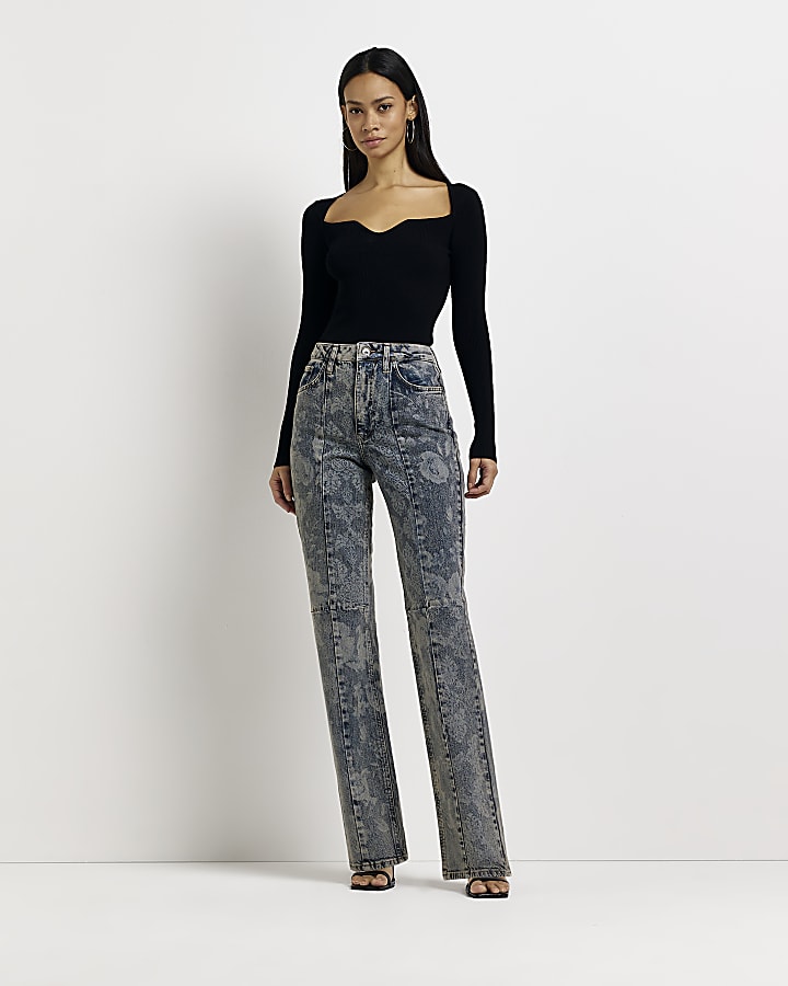 Grey high waisted straight leg jeans