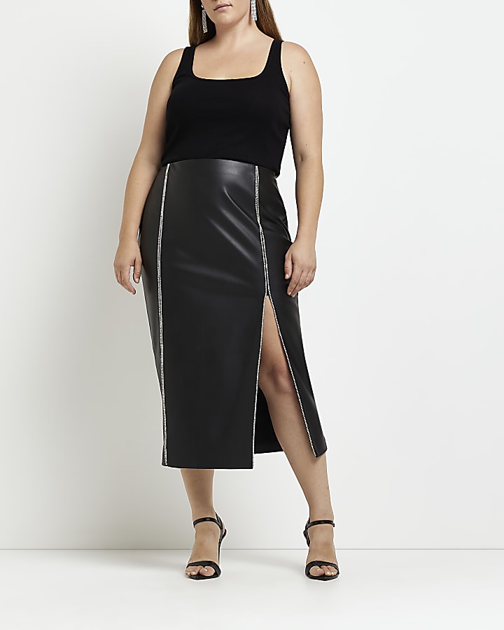 Plus black faux leather diamante midi skirt