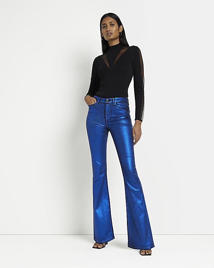 Blue coated high waisted flared jeans River Island
