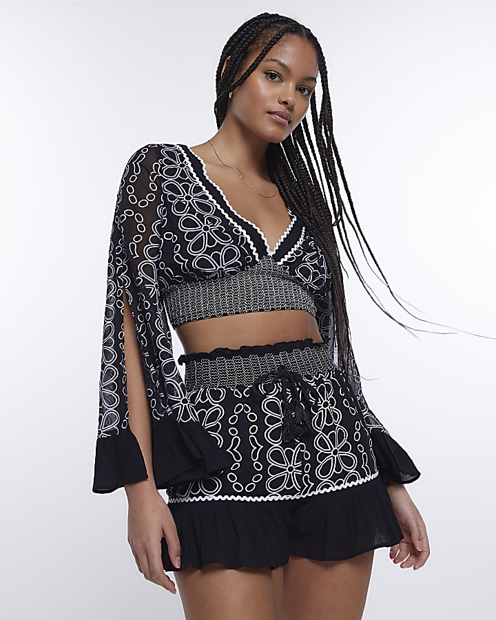 Black floral shirred shorts
