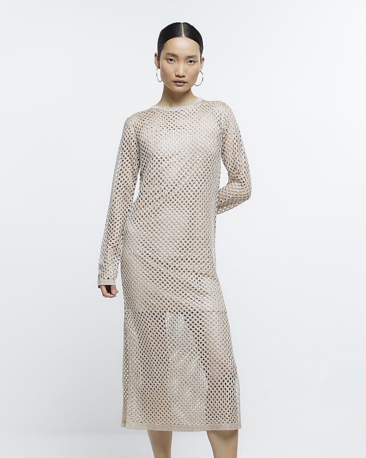 Gold knitted sequin jumper midi dress