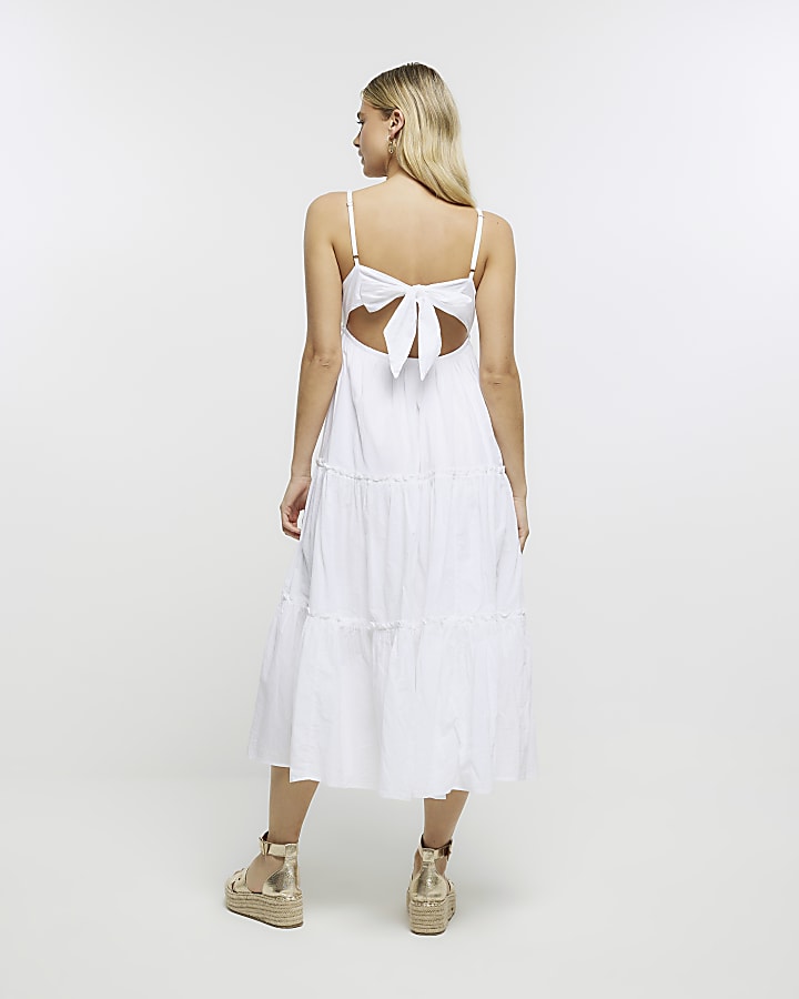 White tiered beach cami midi dress