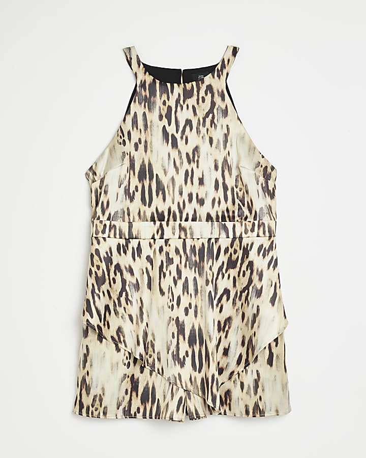Petite brown animal print playsuit