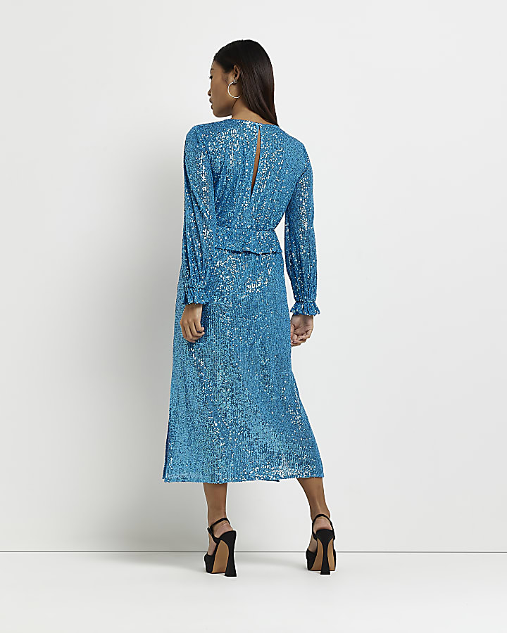 Petite blue sequin frill midi dress