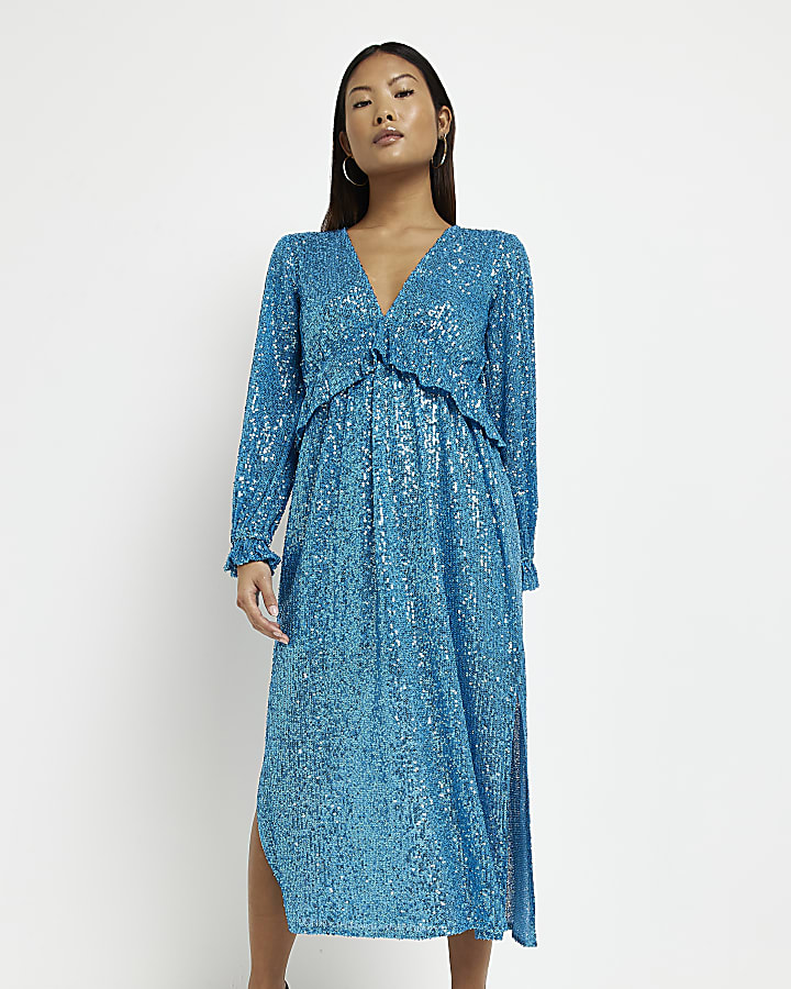 Petite blue sequin frill midi dress