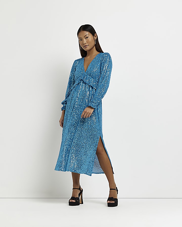 Petite blue sequin frill midi dress River Island